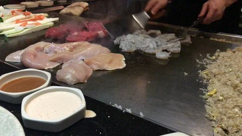 Teppanyaki grill cooking 2 Stock Footage 87487389