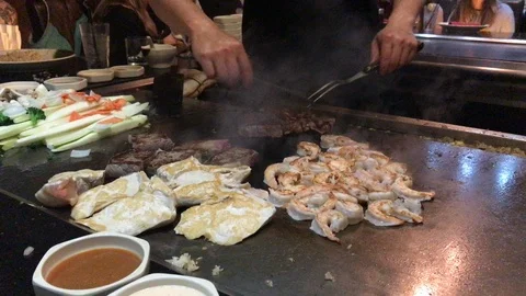 Teppanyaki grill cooking 3 Stock Footage 87487468