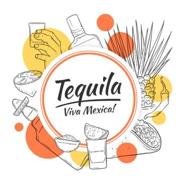 Tequila background and template shapes, red and yellow circles, text. Illustrazione stock