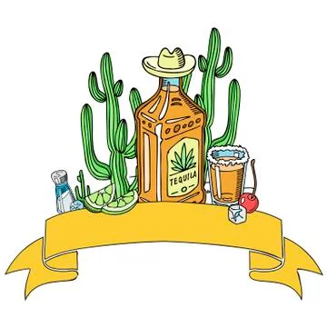 Tequila background banner vector illustration. Glass with sugar and bottle of Stock Illustration