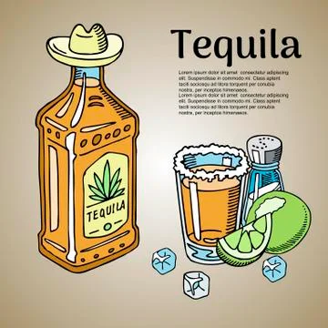 Tequila bar banner, poster vector illustration. Glass with sugar and bottle of Stock Illustration