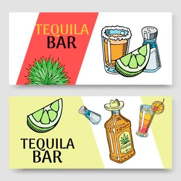 Tequila bar set of banners vector illustration. Glass with sugar and bottle of Stock Illustration