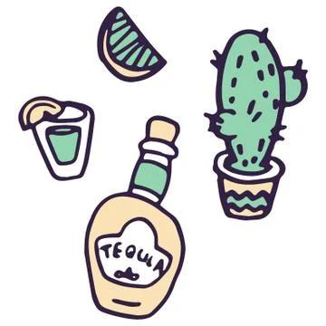 Tequila with cactus on white isolated backdrop Stock Illustration