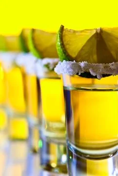 Tequila , lime and salt , macro shot , focus on foreground Stock Photos