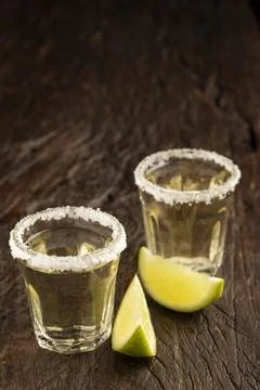 Tequila with lime and salt. Stock Photos