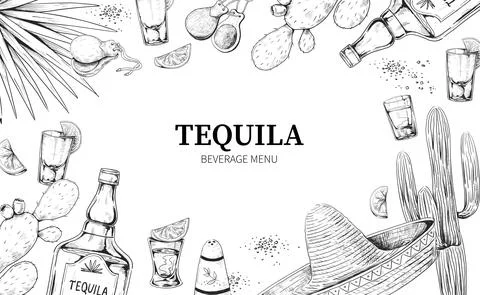 Tequila menu. Hand drawn frame of Mexican alcohol drink in bottle and shot glass Stock Illustration