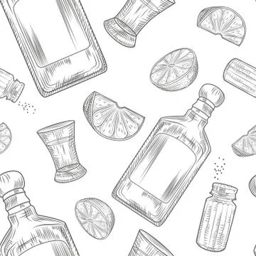 Tequila seamless pattern. Shot glass and bottle tequila, salt, lime Stock Illustration