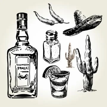 Tequila set hand drawn Stock Illustration