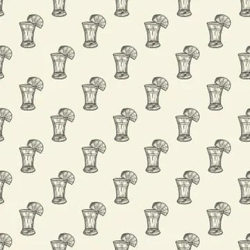 Tequila shot and slice lime seamless pattern. Full shot glass of alcohol wall Stock Illustration