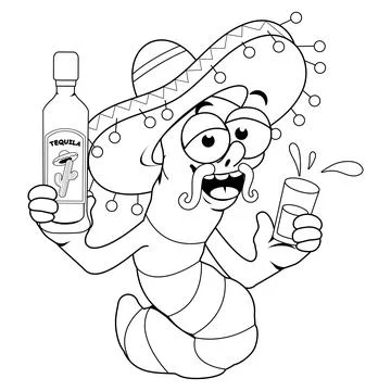 Tequila worm drinking a bottle of tequila. Vector black and white coloring page. Stock Illustration