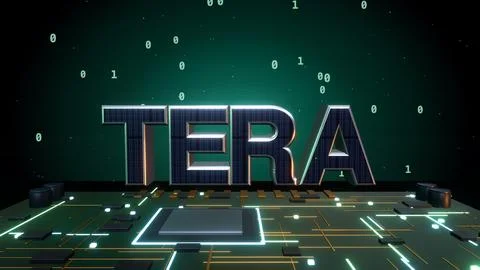 TERA 3D Text with Binary Data on a Circuit Board Stock Illustration