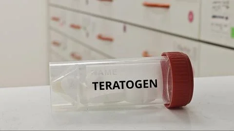 TERATOGEN concept tablets indicating substances causing fetal abnormalities 스톡 사진