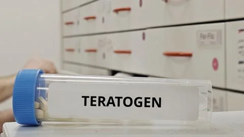 TERATOGEN concept tablets indicating substances causing fetal abnormalities 스톡 사진