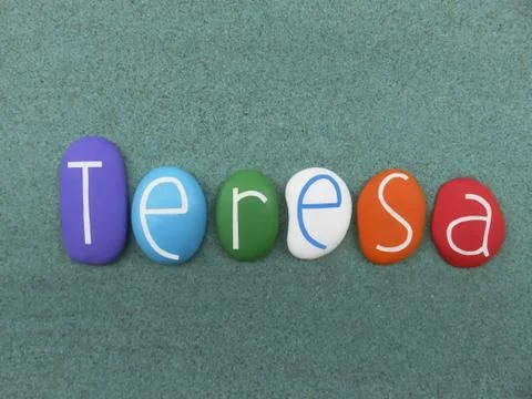 Teresa, female given name composed with multicolored stone letters Stock Photos