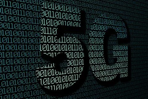 Term 5G on computer screen filled with binary code Stock Photos