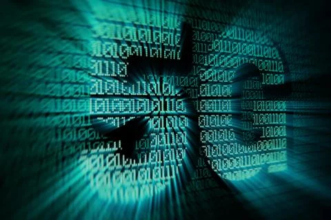 Term 5G glowing on computer screen filled with binary code Foto stock