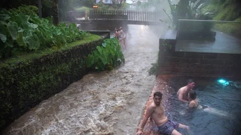 Termal bath relaxing spa in nature. Spa termas heatead water by volcano Stock Footage 239344023