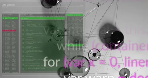 Terminal appearing, code filling panels, spheres rotating and overlays fading, Stock Footage 333904294