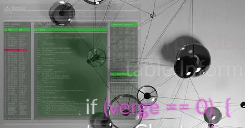 Terminal appearing, code filling panels, spheres rotating and overlays fading, Stock Photos