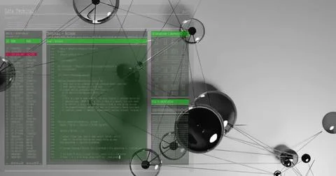 Terminal appearing, code filling panels, spheres rotating and overlays fading, Foto stock