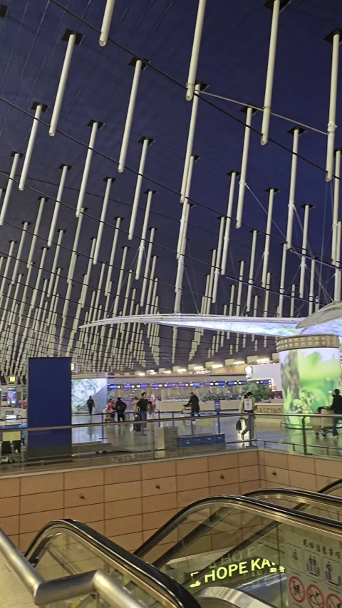 Terminal Ceiling Light Strips and Escalator, Shanghai, China – Vertical 8K Stock-Footage 299016327