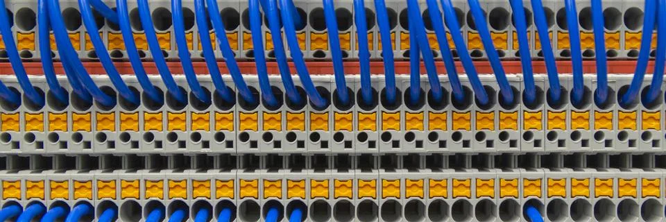 Terminal of control . Control panel assembly with wire and terminal box, grou Stock Photos