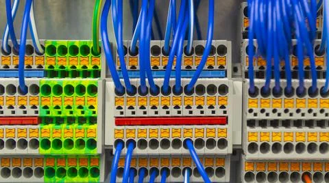 Terminal of control . Control panel assembly with wire and terminal box, grou Stock Photos