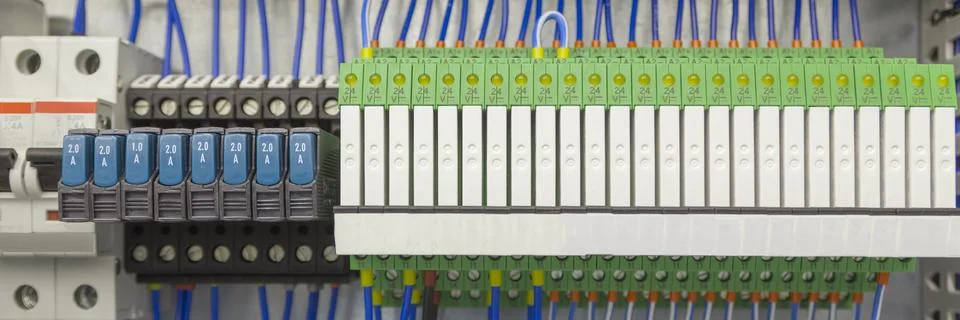 Terminal of control . Control panel assembly with wire and terminal box, grou Stock Photos