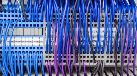 Terminal of control . Control panel assembly with many wires and terminal box Foto stock