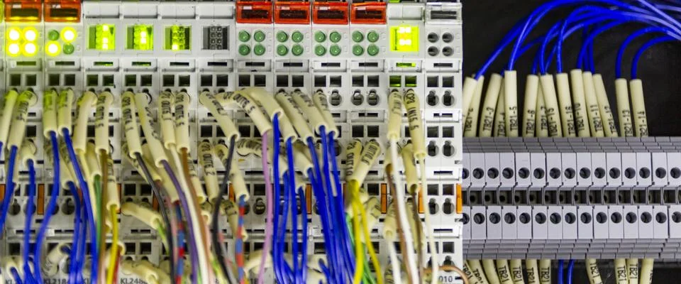 Terminal of control . Control panel assembly with wire and terminal box, grou Stock Photos