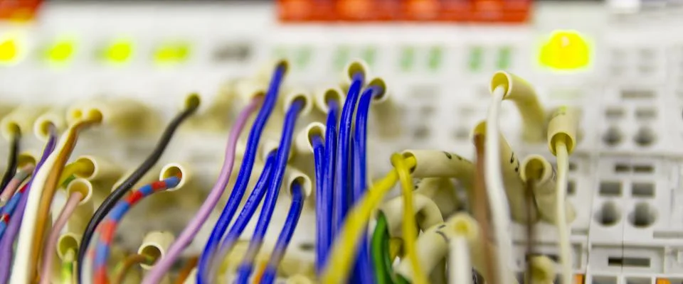Terminal of control . Control panel assembly with wire and terminal box, grou Stock Photos