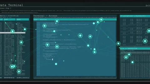 Terminal executing commands, updating code, tables while nodes forming clusters Stock Footage 331757570