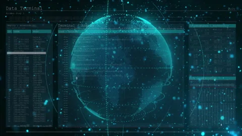 Terminal executing deploy microcode, code scrolling, globe rotating, charts Stock Footage 311216971