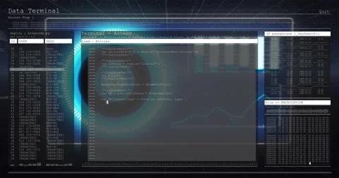 Terminal fading, scrolling IDs, populating code editor, updating hex dump and IP Stock Footage 317275510
