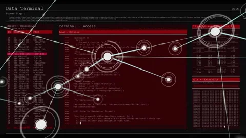 Terminal GUI executing access command, spawning nodes and lines, visualizing Stock Footage 332641939