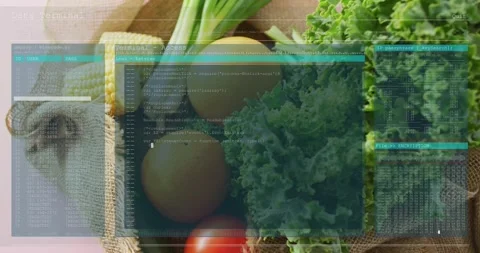 Terminal GUI overlay fading in over burlap basket produce, triggered by cursor Vídeos de archivo 328345840