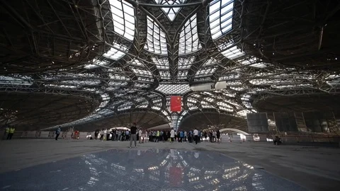 Terminal hall of new Daxing International Airport under construction in Beijing Stock Footage 94407953