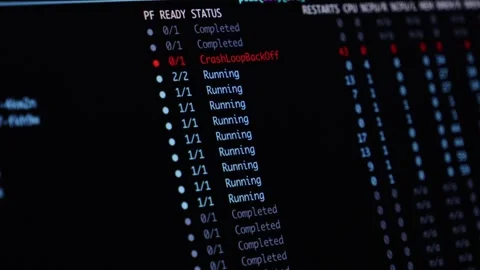 A terminal interface displaying kubernetes pod logs with error status Stock Footage 346525839