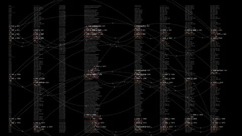 A terminal interface that displays file operations and cross-references. Stock Footage 319526016