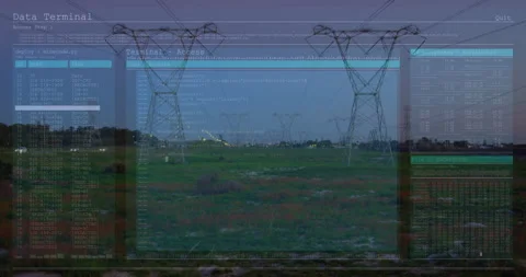 Terminal interface floating over grassy field, displaying code, listing data, Stock Footage 307885824