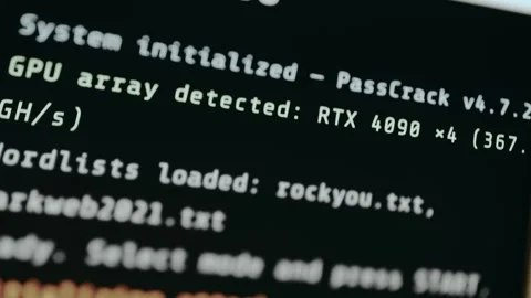 Terminal interface indicating a dictionary attack, password cracking Stock Footage 333372846