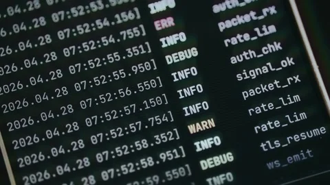 Terminal log showing real-time network traffic and system events Stock Footage 333854138