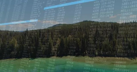 Terminal overlay displaying codes and 'ERROR' entries over turquoise lake and Foto stock