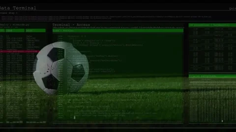 Terminal overlay fading while player entering top-right and kicking ball forward Stock Footage 330917870