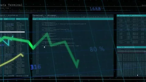 Terminal panel filling view, blinking cursor starting code, 3 line graphs 스톡 동영상 332822062