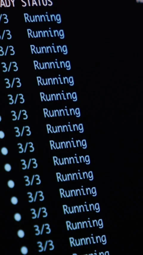A terminal screen display showing kubernetes pod status with running and Stock Footage 346525796
