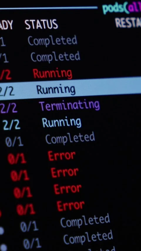 A terminal screen displaying Kubernetes container pod statuses shows running Stock Footage 346525569