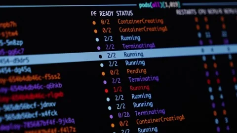 A terminal screen displaying Kubernetes container pod status updates, Stock Footage 346525588