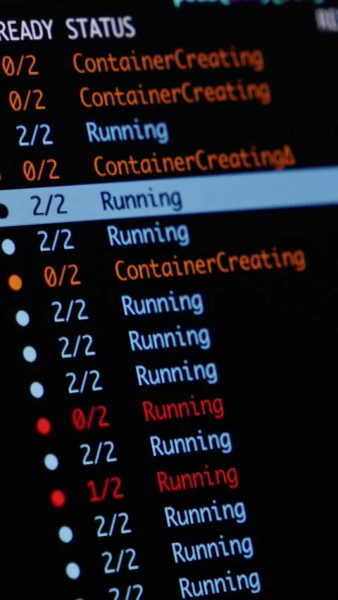 A terminal screen displaying Kubernetes container pod status logs, highlighting Stock Footage 346525640