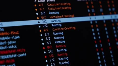 A terminal screen displaying kubernetes container deployment statuses, showing Video stock 346525656